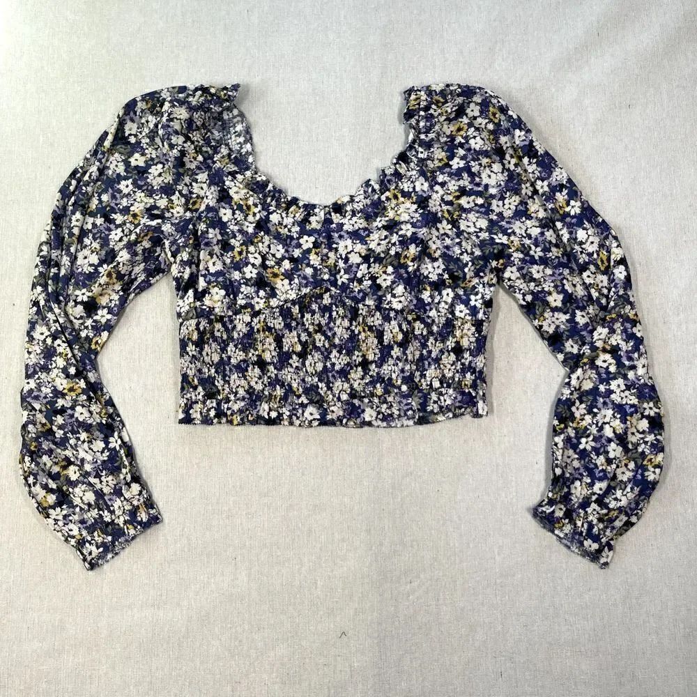 Elodie Blouse Women's Blue Floral Boho Peasant Crop Top Long Puff Slv Size L